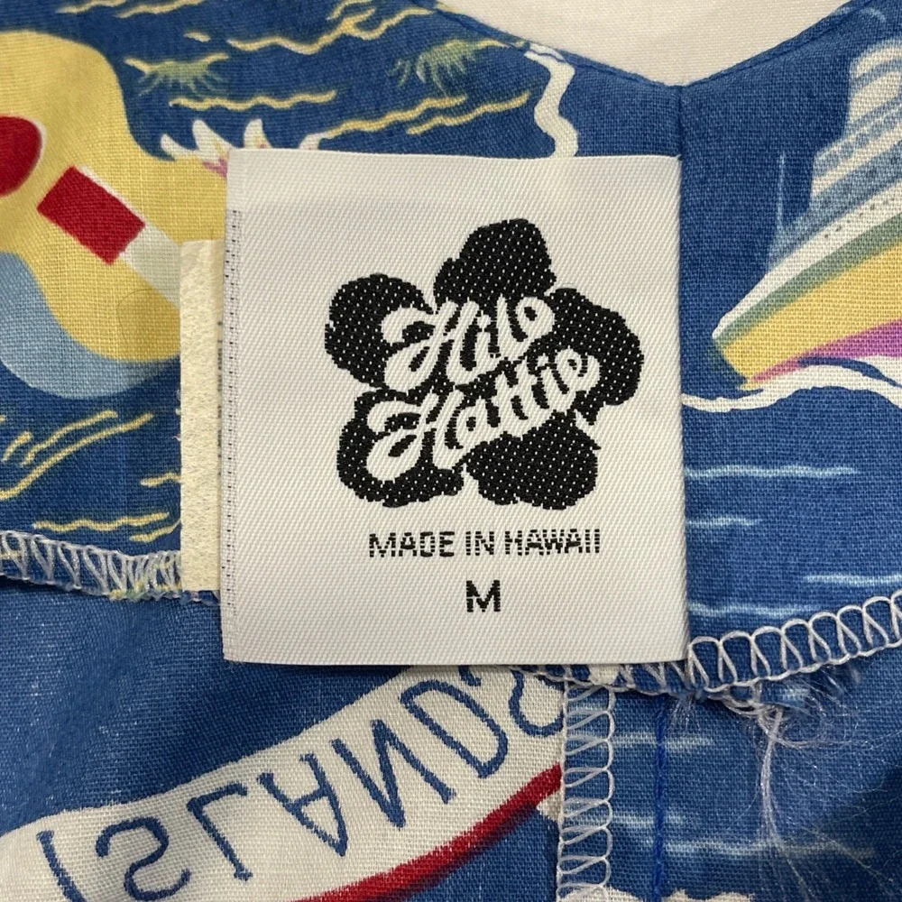Hilo Hattie Hawaiian Islands Map Dress‎ Womens Medium Blue Ruffle Hem | Tropical